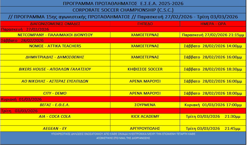 ΠΡΟΓΡΑΜΜΑ 15ης ΑΓΩΝΙΣΤΙΚΗΣ ΠΡΩΤΑΘΛΗΜΑΤΟΣ 2025-2026